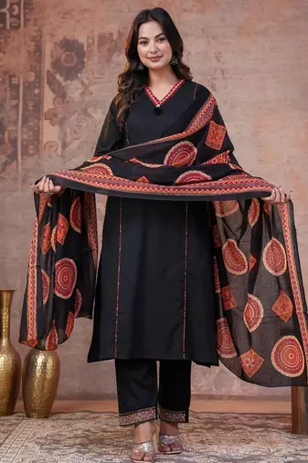 Cotton cambric printed a-line kurti-pant-dupatta  set