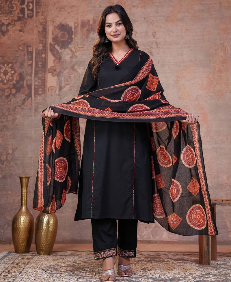 Cotton cambric printed a-line kurti-pant-dupatta  set