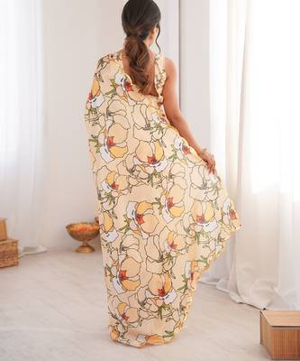 women   s cream digital printed chinon saree with blouse 5