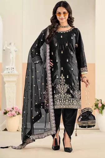 Black color festive special velvet fabric ethnic embroidered partywear suit