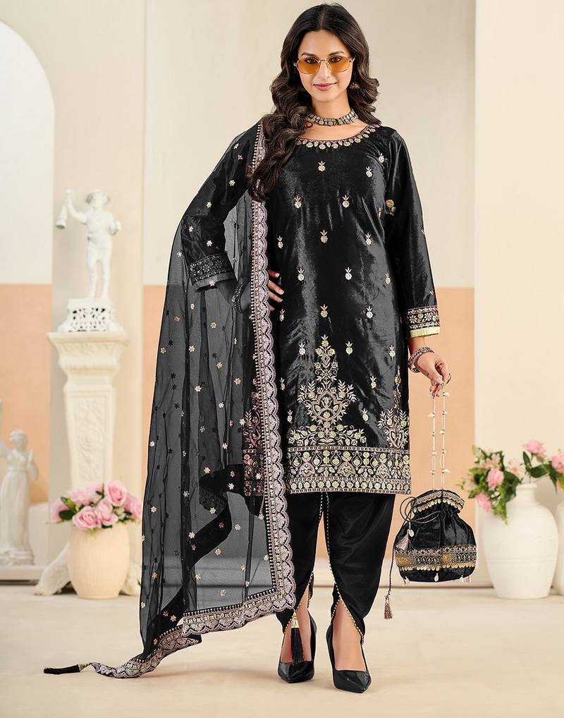 Black color festive special velvet fabric ethnic embroidered partywear suit