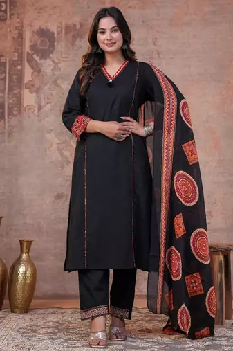 Cotton cambric printed a-line kurti-pant-dupatta  set