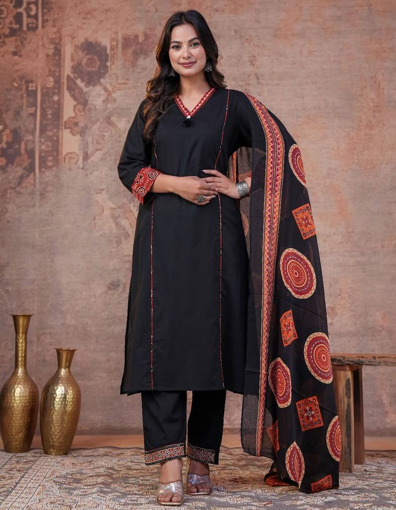 Cotton cambric printed a-line kurti-pant-dupatta  set
