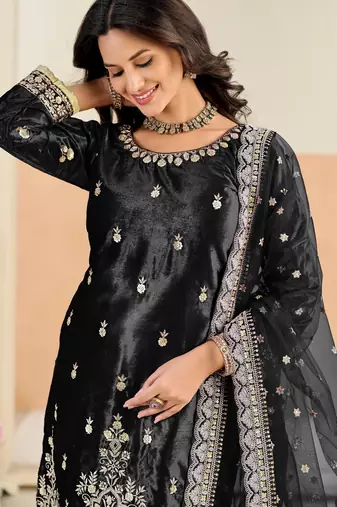Black color festive special velvet fabric ethnic embroidered partywear suit