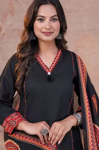 Cotton cambric printed a-line kurti-pant-dupatta  set