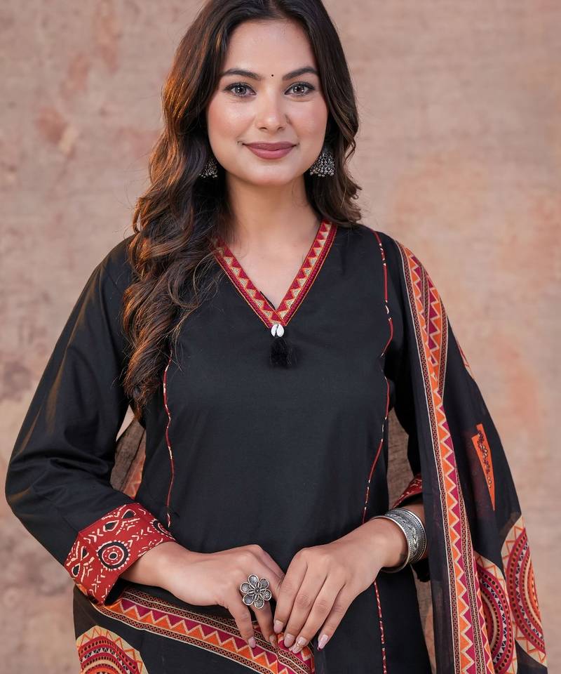 Cotton cambric printed a-line kurti-pant-dupatta  set