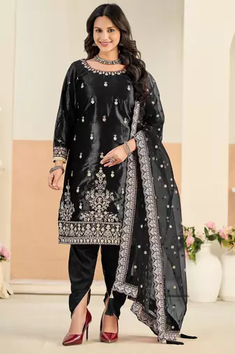 Black color festive special velvet fabric ethnic embroidered partywear suit