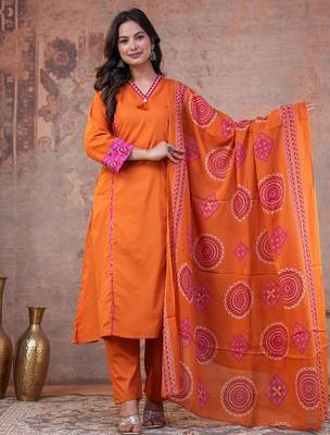 Cotton cambric printed a-line kurti-pant-dupatta  set 1