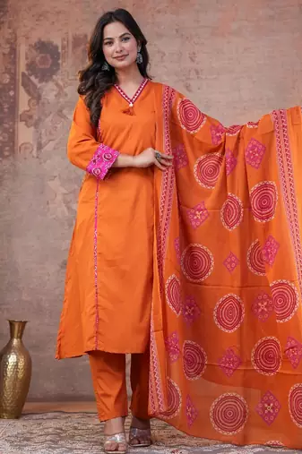 Cotton cambric printed a-line kurti-pant-dupatta  set