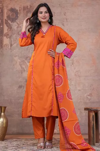 Cotton cambric printed a-line kurti-pant-dupatta  set