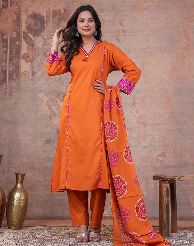 Cotton cambric printed a-line kurti-pant-dupatta  set
