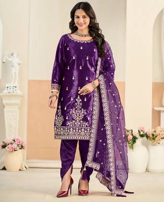 Purple color festive special velvet fabric ethnic embroidered partywear suit 1