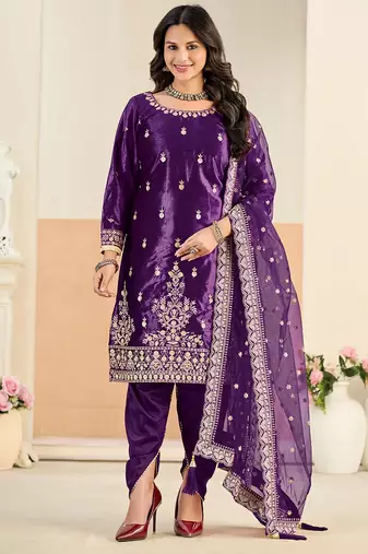 Purple color festive special velvet fabric ethnic embroidered partywear suit