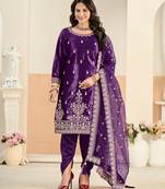 Purple color festive special velvet fabric ethnic embroidered partywear suit