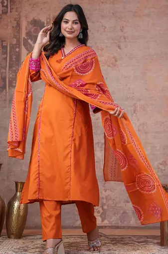 Cotton cambric printed a-line kurti-pant-dupatta  set