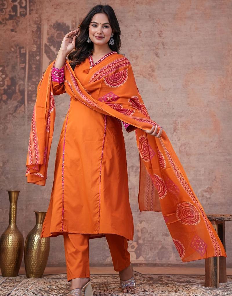 Cotton cambric printed a-line kurti-pant-dupatta  set