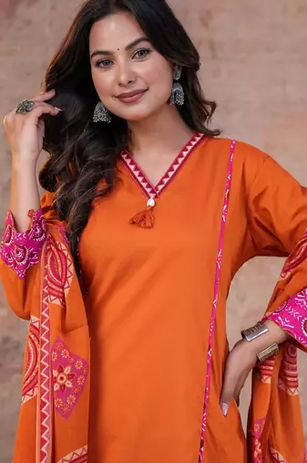 Cotton cambric printed a-line kurti-pant-dupatta  set