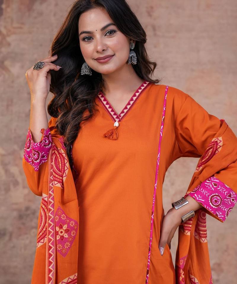 Cotton cambric printed a-line kurti-pant-dupatta  set