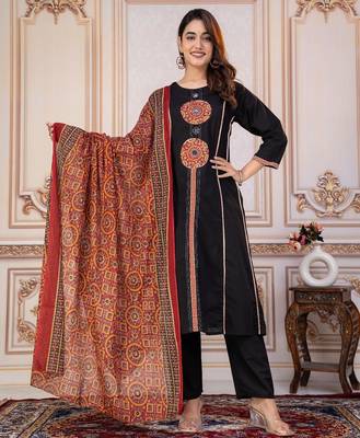 Cotton cambric printed a-line kurti-pant-dupatta  set 1