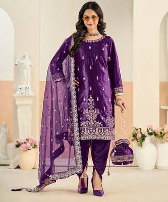 Purple color festive special velvet fabric ethnic embroidered partywear suit 3