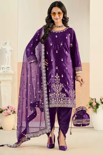 Purple color festive special velvet fabric ethnic embroidered partywear suit