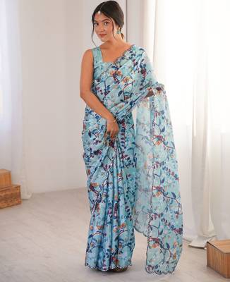 women   s sky blue chinon digital printed saree with blouse 1