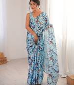 women   s sky blue chinon digital printed saree with blouse