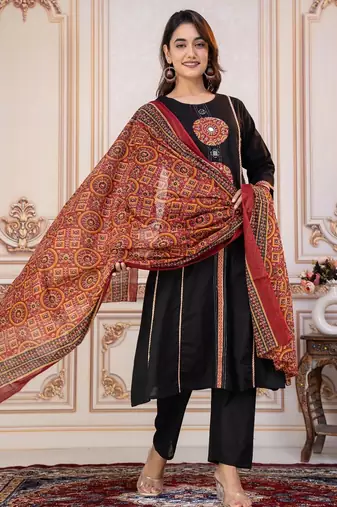 Cotton cambric printed a-line kurti-pant-dupatta  set