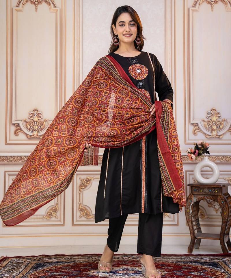 Cotton cambric printed a-line kurti-pant-dupatta  set