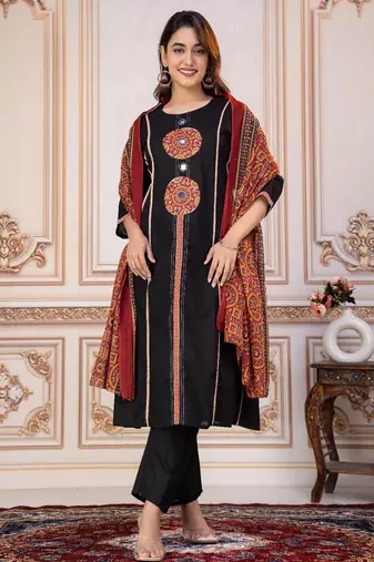 Cotton cambric printed a-line kurti-pant-dupatta  set