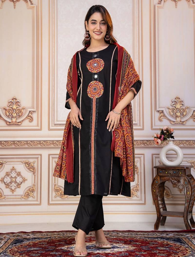 Cotton cambric printed a-line kurti-pant-dupatta  set
