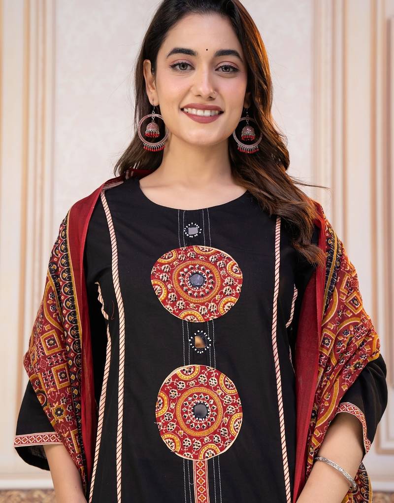 Cotton cambric printed a-line kurti-pant-dupatta  set