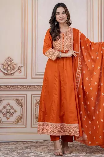 Cotton cambric printed anarkali kurti-pant-dupatta  set