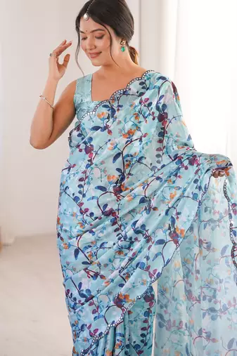 women   s sky blue chinon digital printed saree with blouse