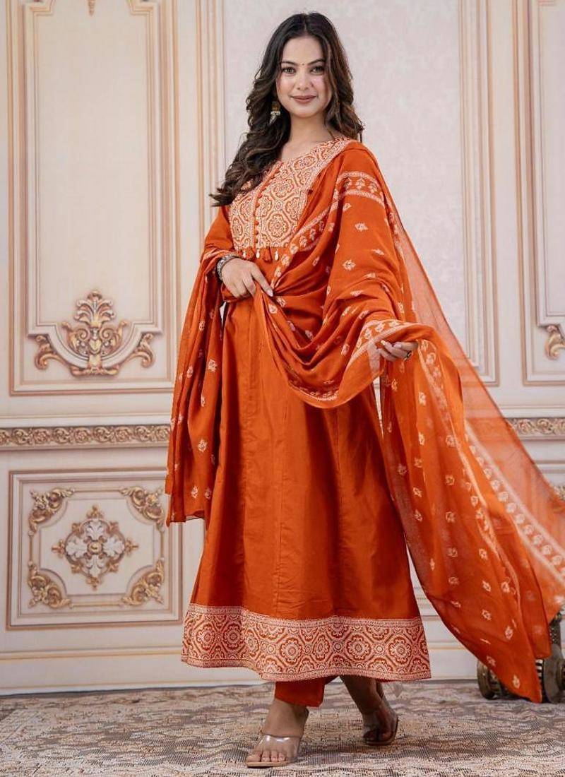 Cotton cambric printed anarkali kurti-pant-dupatta  set