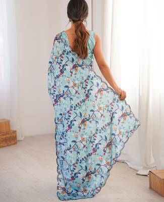 women   s sky blue chinon digital printed saree with blouse 5