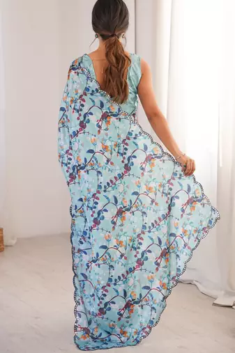 women   s sky blue chinon digital printed saree with blouse
