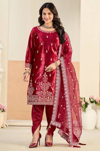 Red color festive special velvet fabric ethnic embroidered partywear suit