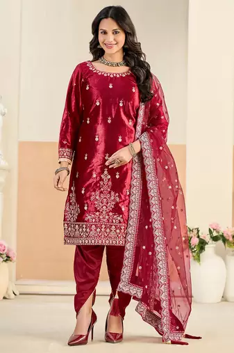 Red color festive special velvet fabric ethnic embroidered partywear suit