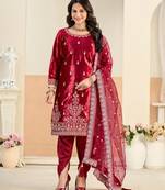 Red color festive special velvet fabric ethnic embroidered partywear suit