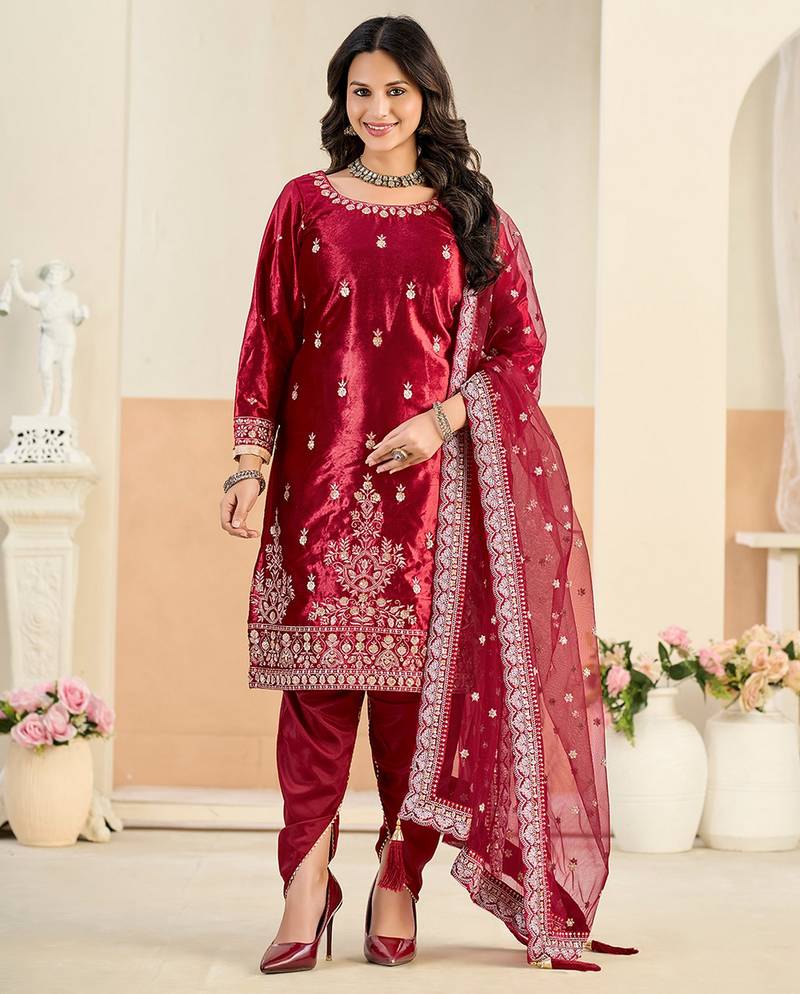 Red color festive special velvet fabric ethnic embroidered partywear suit