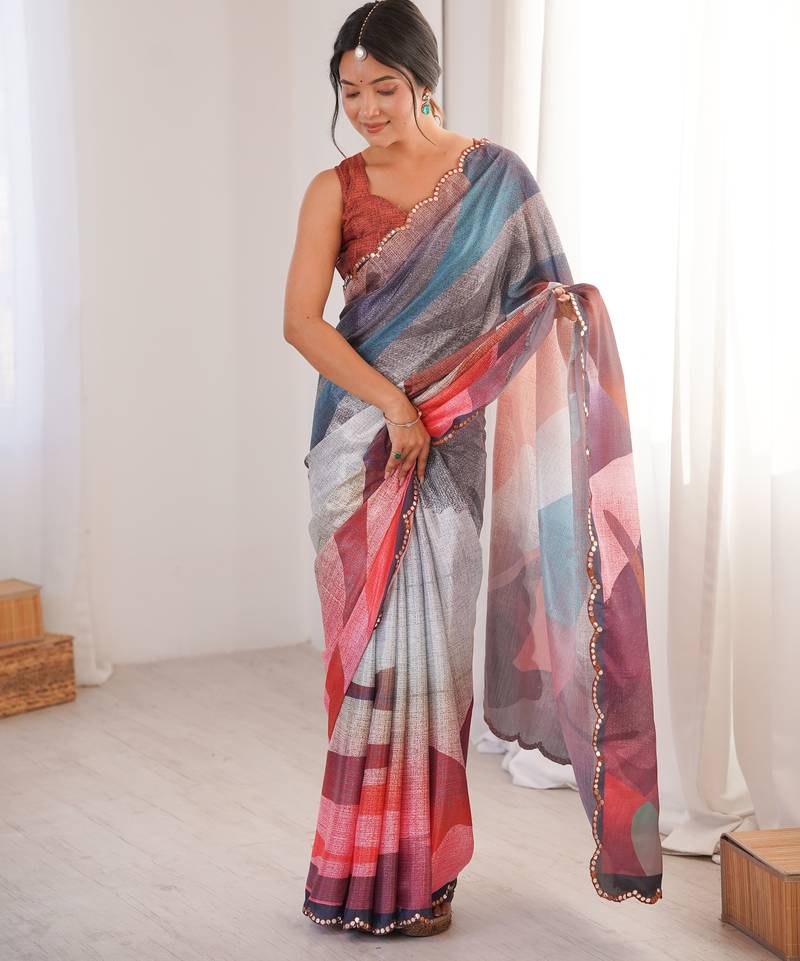 women's multicolor chinon abstract digital print saree with blouse