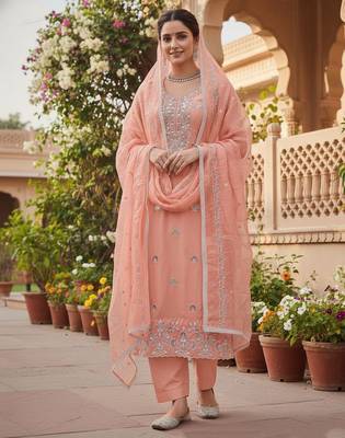 Rust color glass cotton fabric embroidered ethnic salwar suit 1