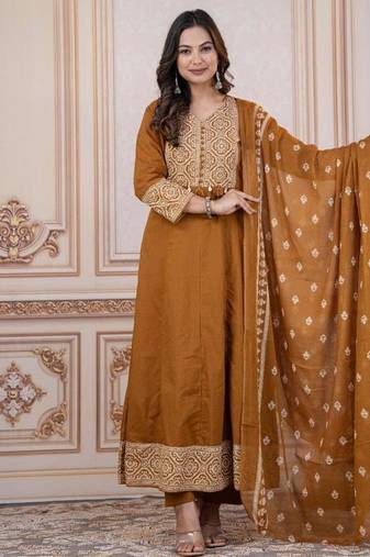 Cotton cambric printed anarkali kurti-pant-dupatta  set