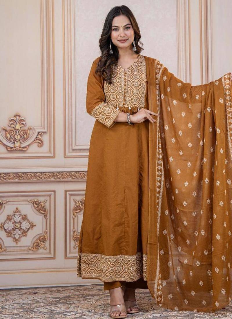 Cotton cambric printed anarkali kurti-pant-dupatta  set