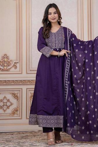 Cotton cambric printed anarkali kurti-pant-dupatta  set