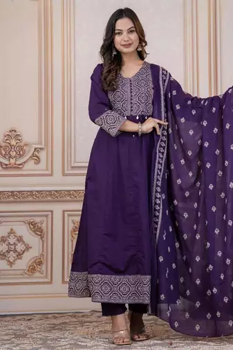 Cotton cambric printed anarkali kurti-pant-dupatta  set