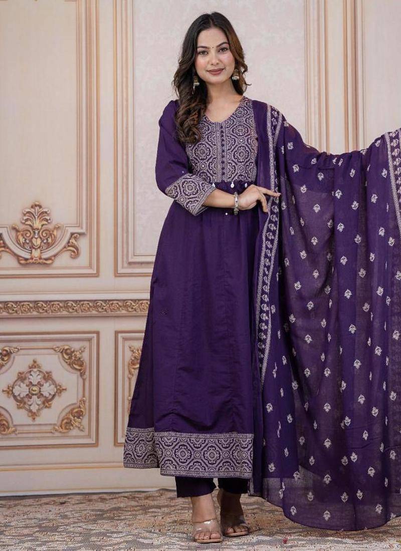 Cotton cambric printed anarkali kurti-pant-dupatta  set