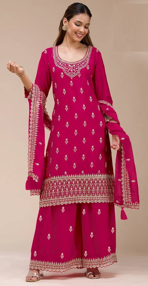 Pink color beautiful embroidered georgette fabric palazzo dress