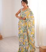 multicolor chinon digital print saree with blouse piece